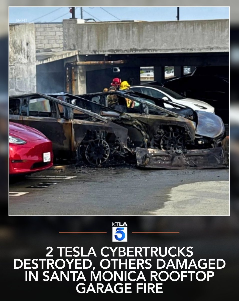 Two Tesla Cybertrucks were destroyed and others damaged in a fire that broke out on the roof of a Santa Monica parking structure Wednesday fire officials confirmed.
