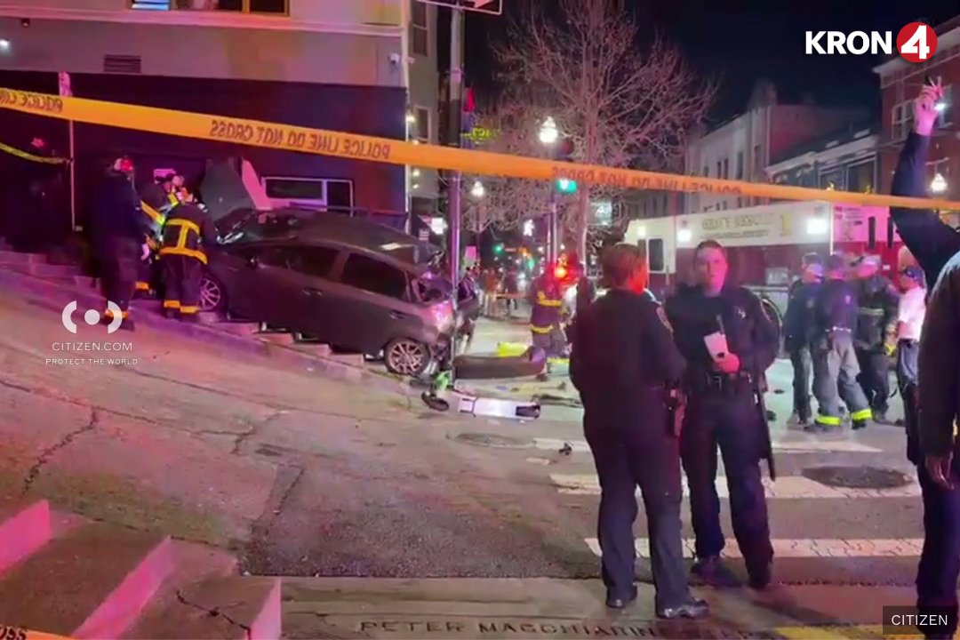 A collision between a car and a scooter in San Francisco’s North Beach on Thursday night killed one person and injured another, authorities say