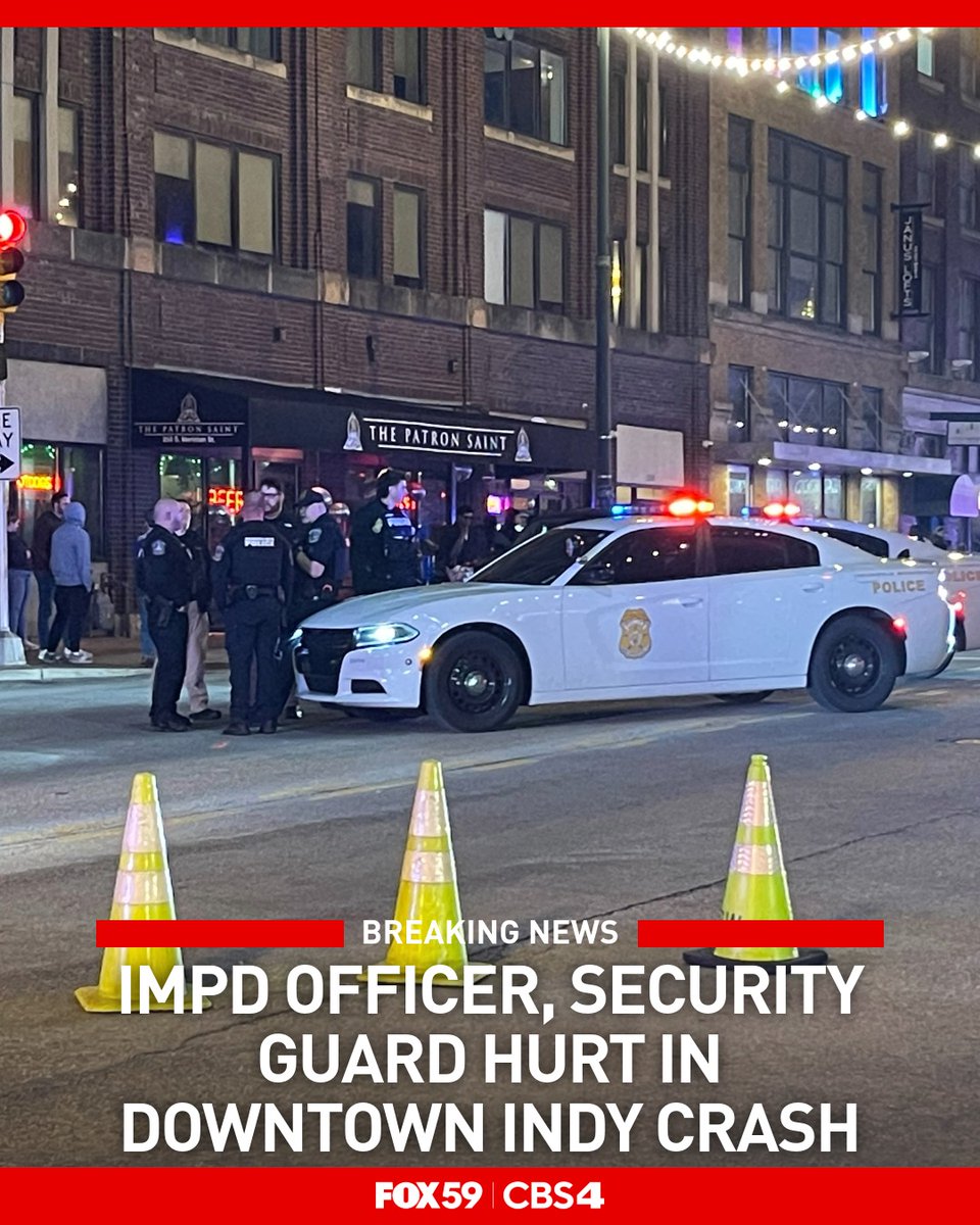 An IMPD officer and a security guard were hurt in a crash in downtown Indianapolis Saturday night. Neither the officer, nor the security guard sustained serious injuries in the crash
