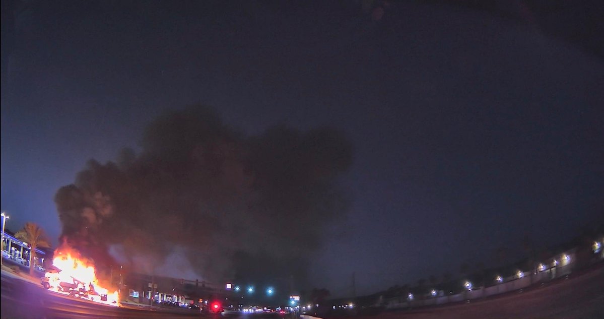 COMMERCIAL VEHICLE FIRE  intersection of Grapefruit Blvd. x Avenue 48 in the City of Indio. Crews responded to a traffic collision involving a sedan and a small RV. Upon arrival, the Battalion Chief reported that the RV was fully involved with fire;