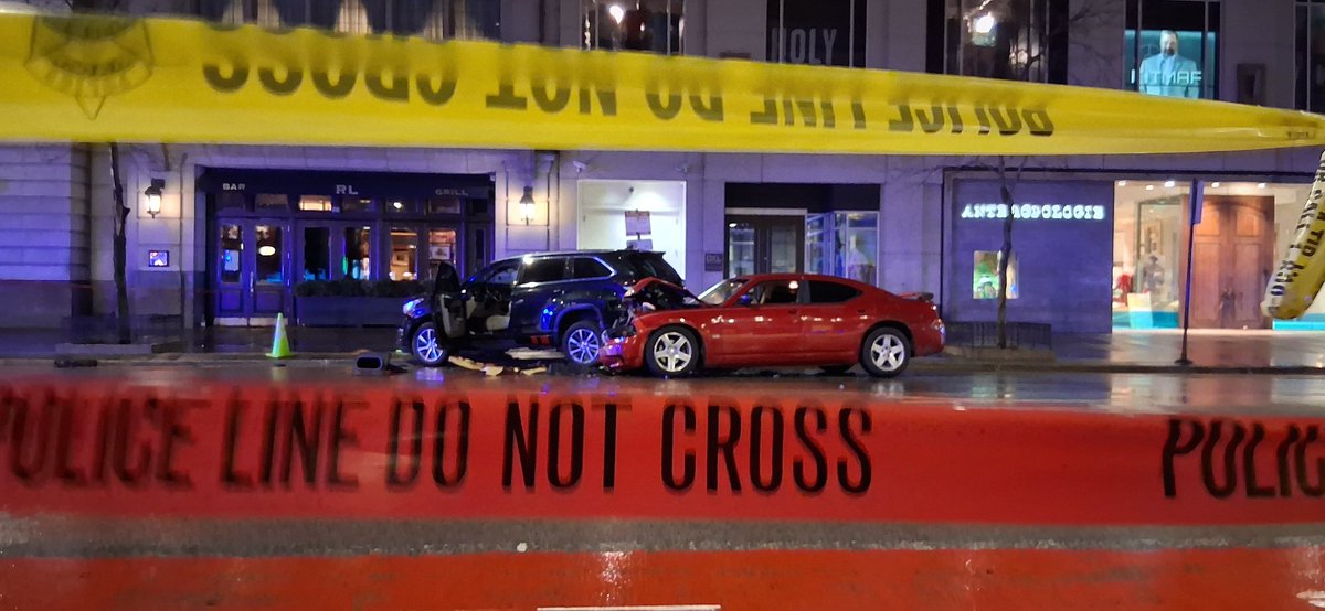 Pedestrian shot during shooting between cars 0-100 block of E. Chicago. Officers responded to a call for service. A 22-year-old male was driving a red sedan when he was approached by a white sedan occupied by an Rush Street somebody shooting out the back window of a car