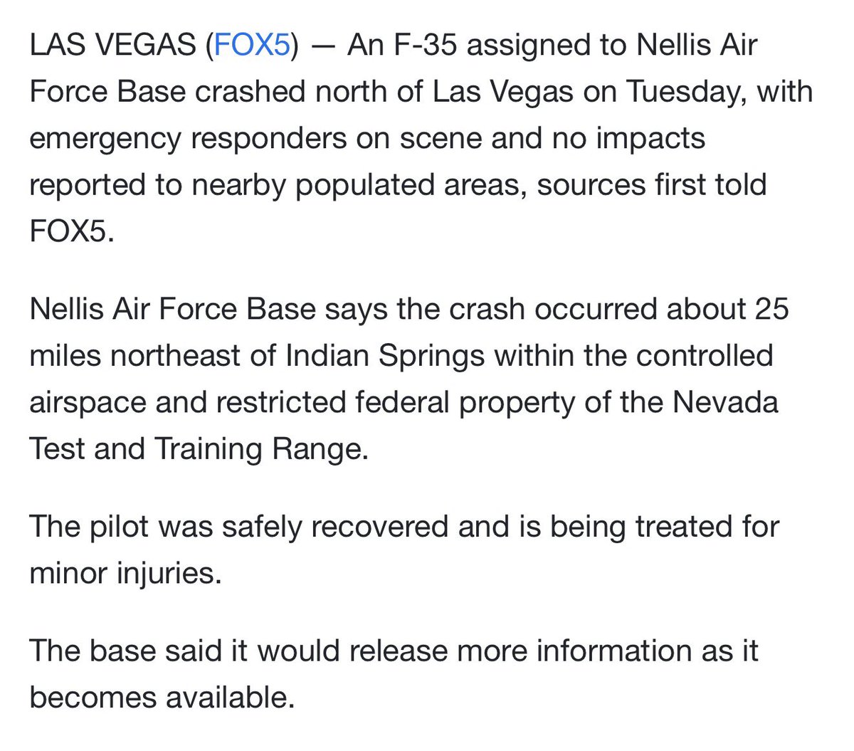 Military jet crashes north of Las Vegas; pilot treated for minor injuries -FOX