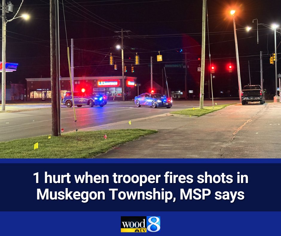 One person was taken to the hospital after shots were fired by Michigan State Police in Muskegon Township Monday evening, police say: