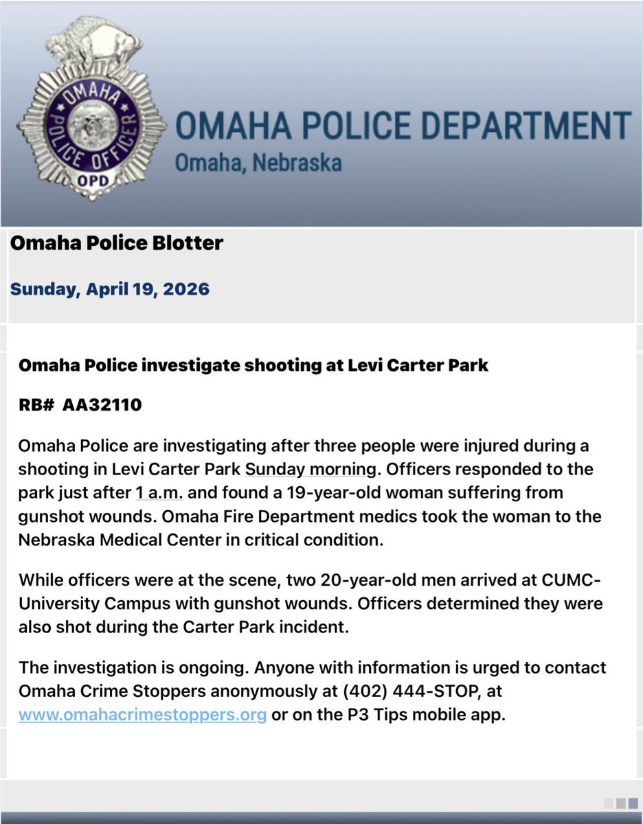 OmahaPolice investigate triple shooting at Levi Carter Park that occurred around 1 a.m. this morning.