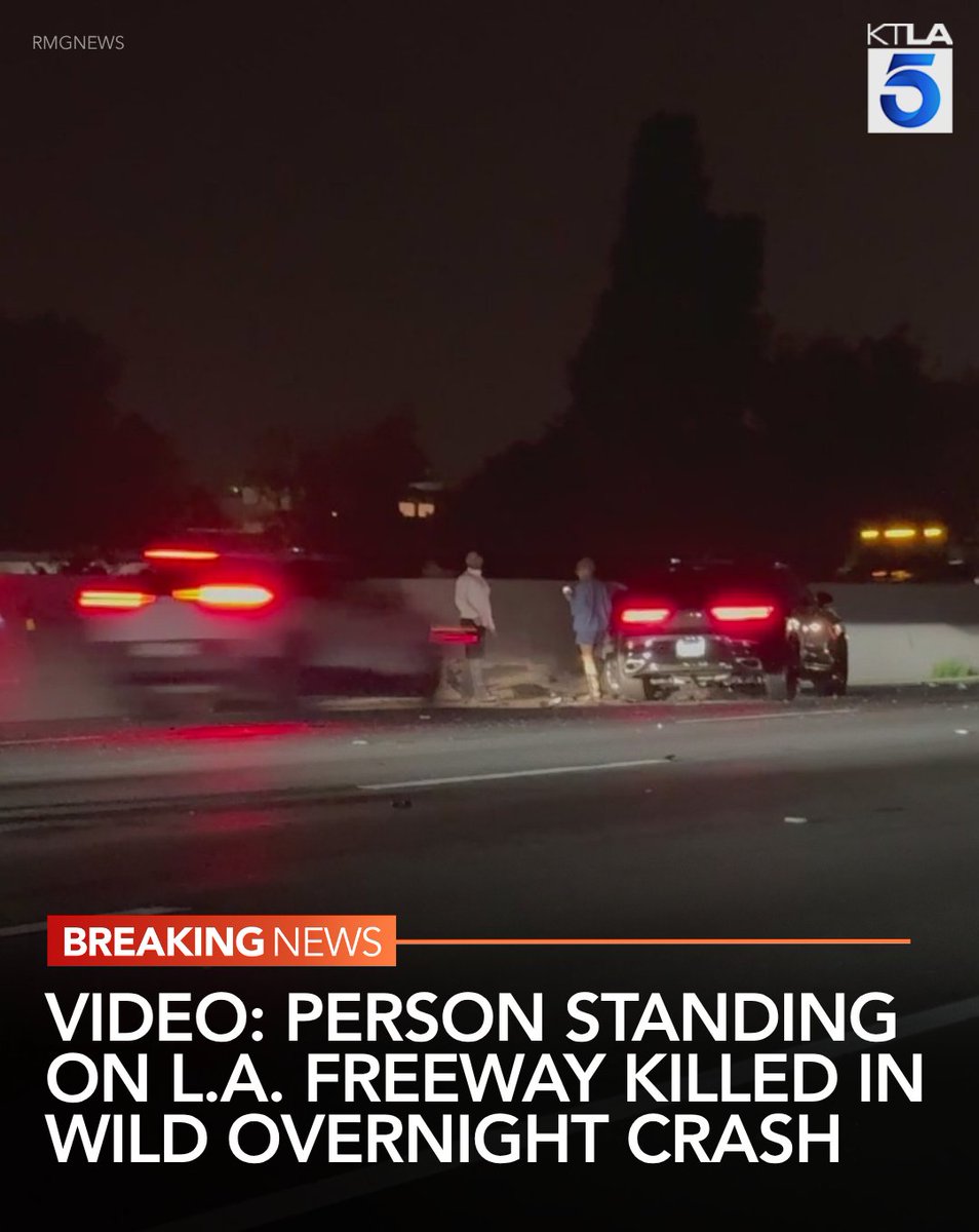 A person who was standing in freeway lanes was killed in an overnight chain reaction crash caught on video