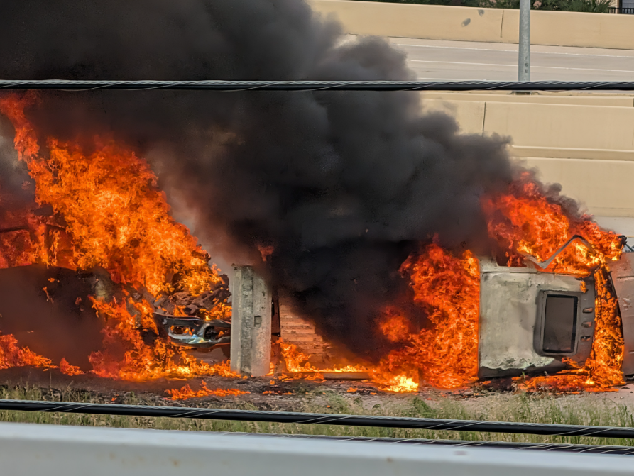 Driver killed after trucks overturn and catch fire on Far North Side highway