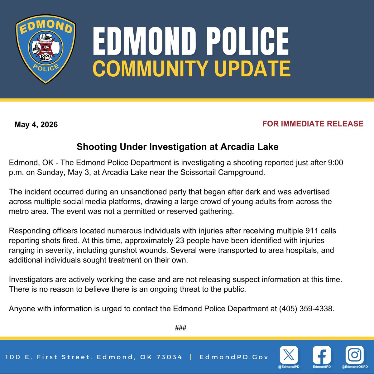 Police say approximately 23 people were injured following shooting at Arcadia Lake, Oklahoma
