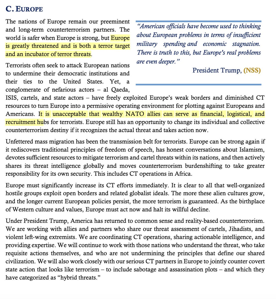 White House Counterterrorism Strategy has just dropped and it labels Europe 'incubator' of terror threats, urges NATO burden-shifting