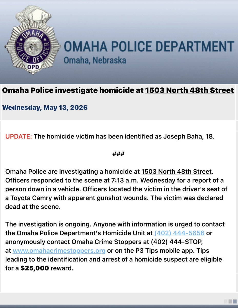 .@OmahaPolice have identified the homicide victim as 18-year-old Joseph Baha