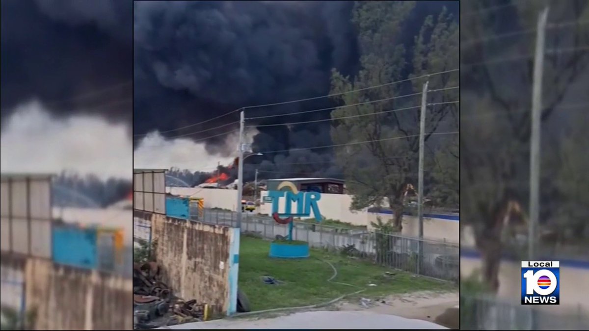 First responders in Miami-Dade County rushed to a large fire Monday that continued burning into Tuesday afternoon.