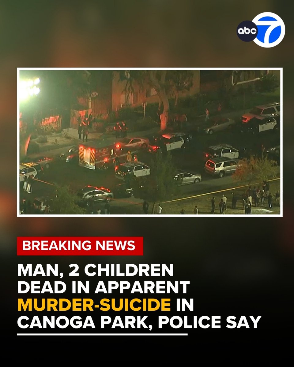 A man and two children are dead after a possible murder-suicide in Canoga Park on Sunday, according to police. AIR7 flew over the scene, where a large law enforcement presence was seen around an apartment complex next to a baseball field.