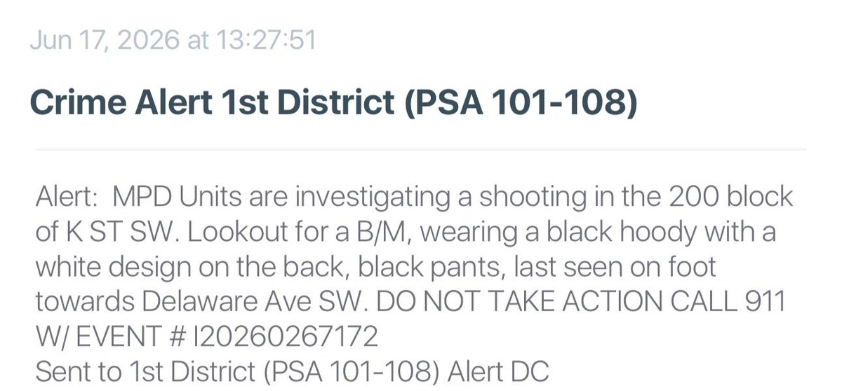 WOMAN SHOT IN SOUTHWEST: K Street & Delaware Ave SW in Washington DC— the adult female was shot in the arm, she is still conscious. DC Police are looking for a male in a black hoodie, running towards Delaware Ave South-West DCCrime