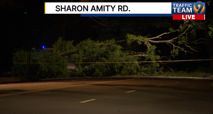 This massive tree is BLOCKING Sharon Amity at Hardwick Rd. east of Randolph Rd