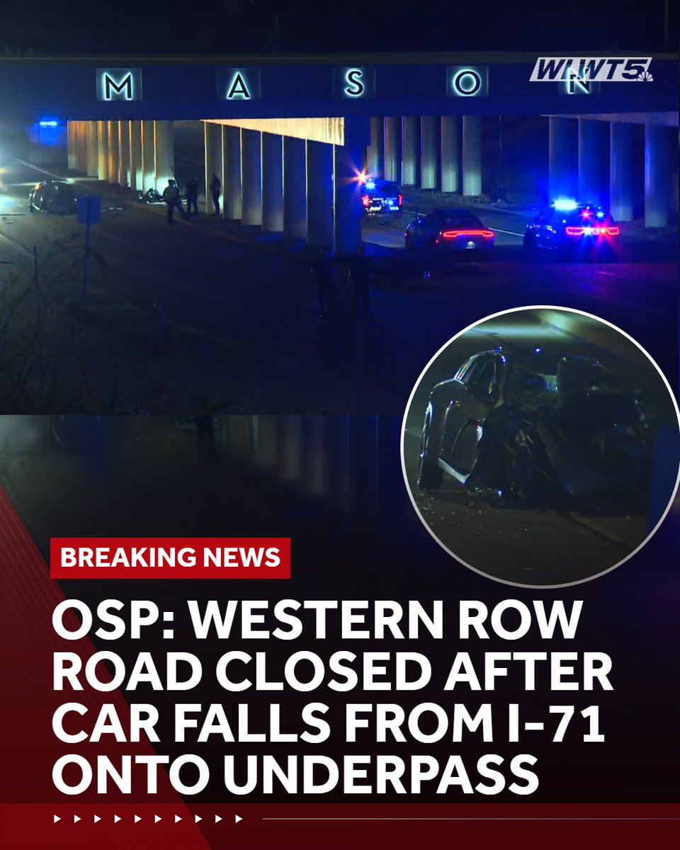 Western Row Road in Mason is shut down in both directions after a car crashed and then fell from Interstate 71 onto the roadway overnight, according to the Ohio State Highway Patrol.