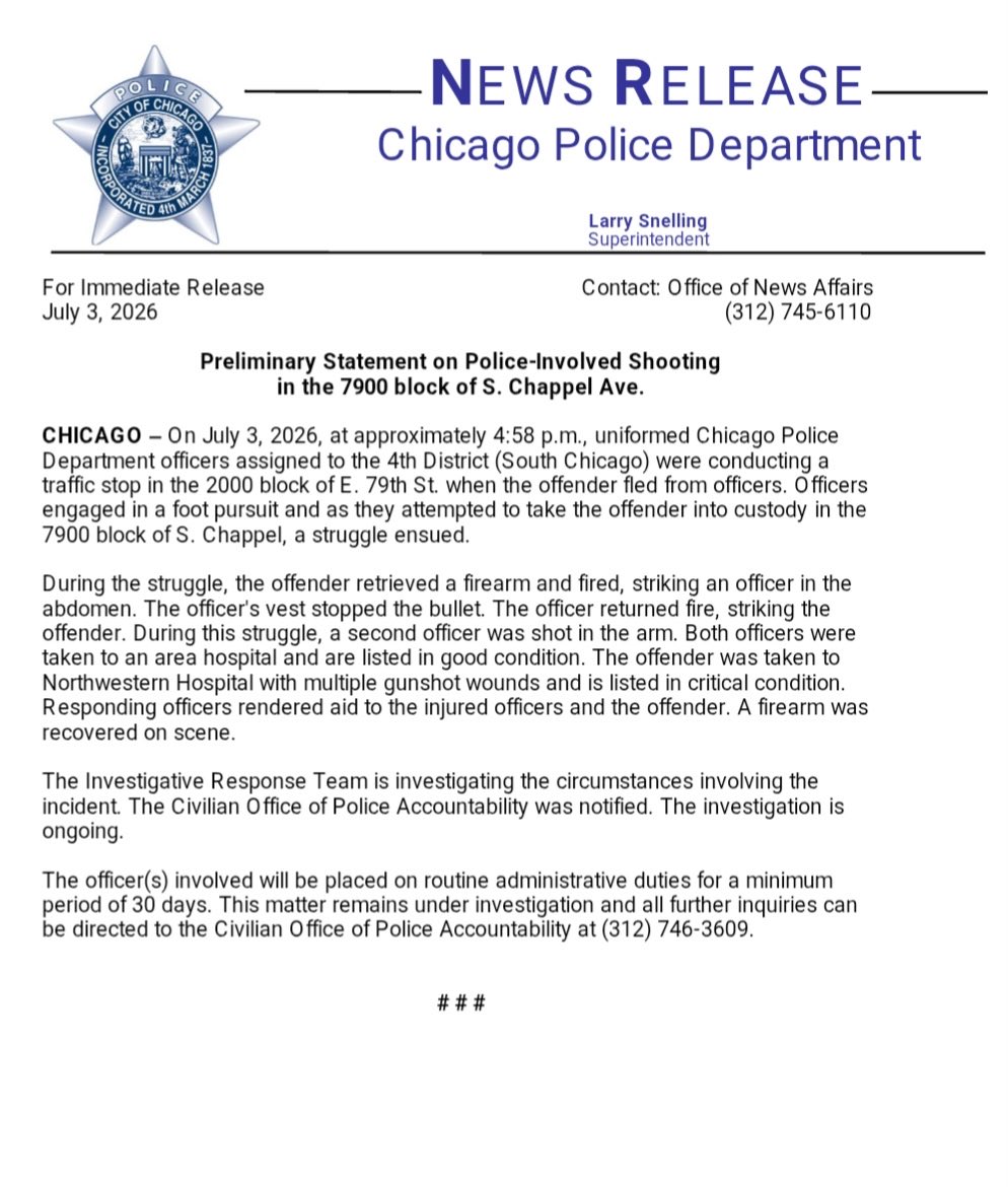 Preliminary Statement on Police-Involved Shooting in the 7900 block of S. Chappell Ave