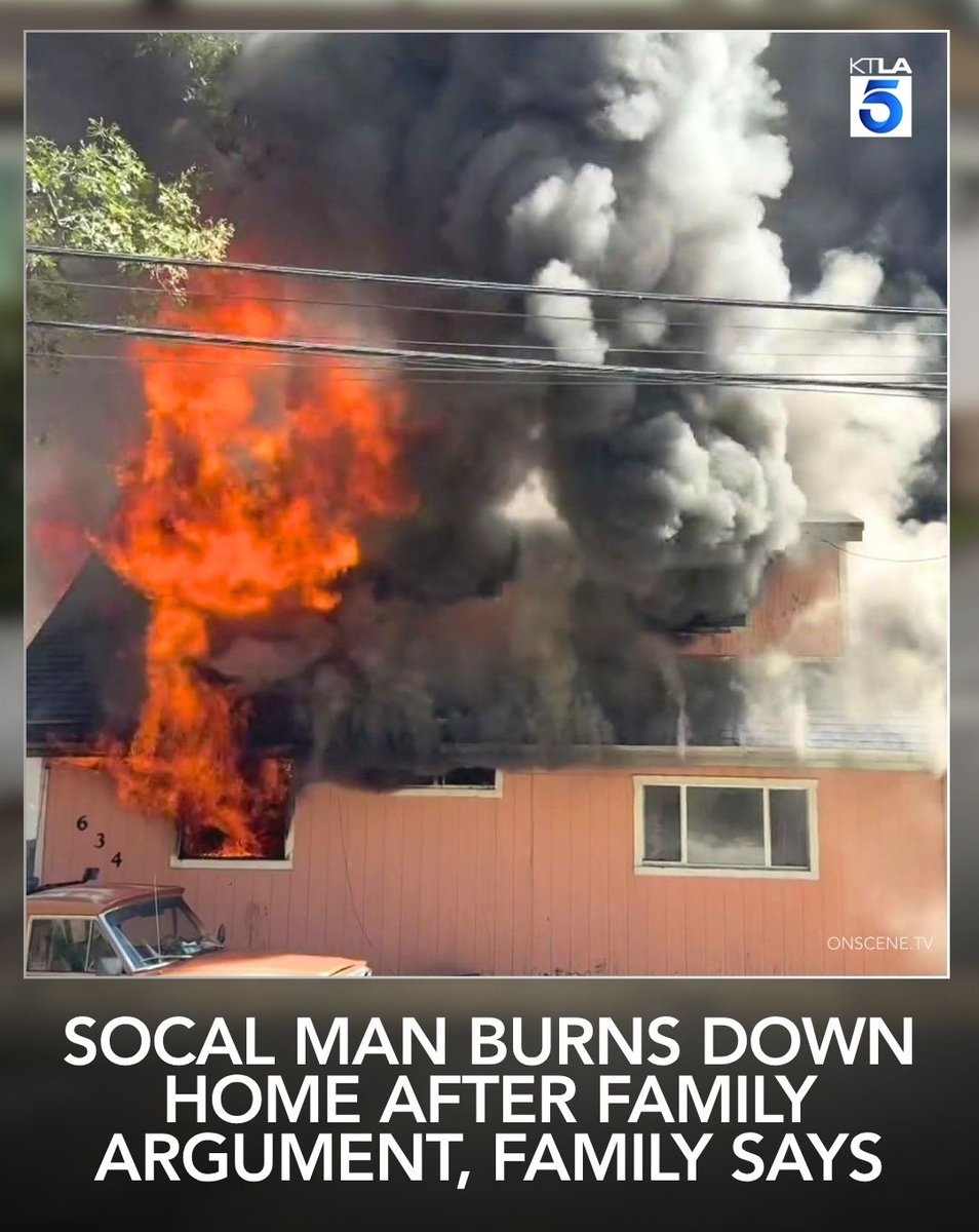 A 46-year-old man was arrested for allegedly threatening to harm a dog before burning down his family's home in San Bernardino County after an argument.