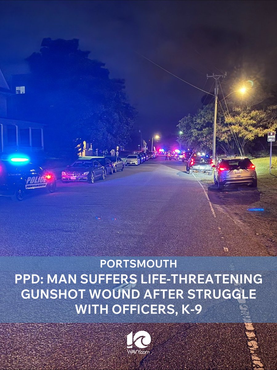 A man who got into a physical struggle with two Portsmouth Police officers and a K-9 suffered a life-threatening gunshot wound during a struggle for one of the officers' guns Thursday night in the Port Norfolk area of the city, police said