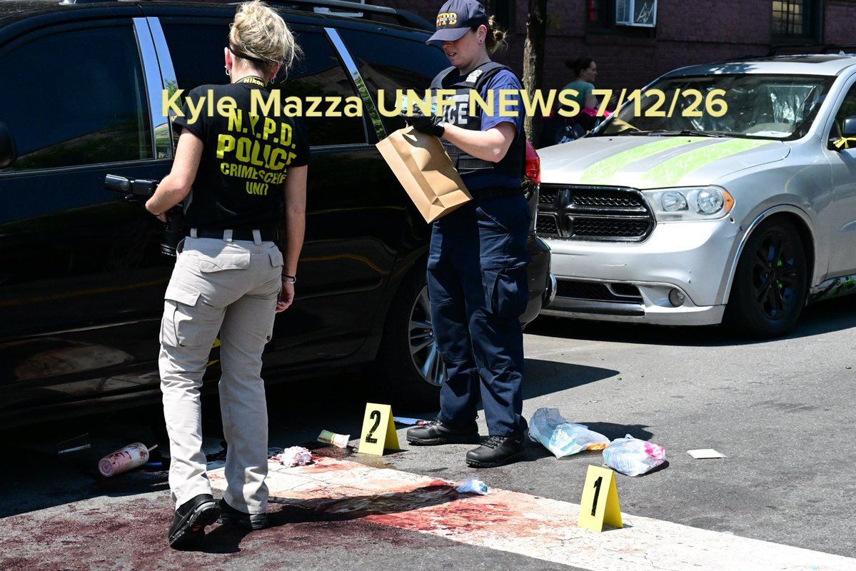 Members of the NYPD Crime Scene Unit work the scene and swabbed blood, collected evidence and documented the area where a 46-year-old man was fatally stabbed multiple times to the body in the area of Grand Concourse and East 183 Street in Bronx, New York, United States on July 12, 2026. Sunday morning at approximately 6:48 AM, the stabbing took place and the victim was transported to the hospital where he was pronounced dead.