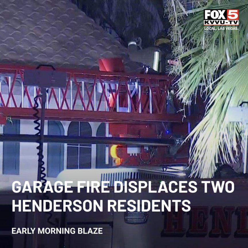 Henderson firefighters knocked down an early-morning garage fire on Reatini Court near St. Rose Pkwy after flames spread into the home. Two people have been displaced, and no injuries were reported.