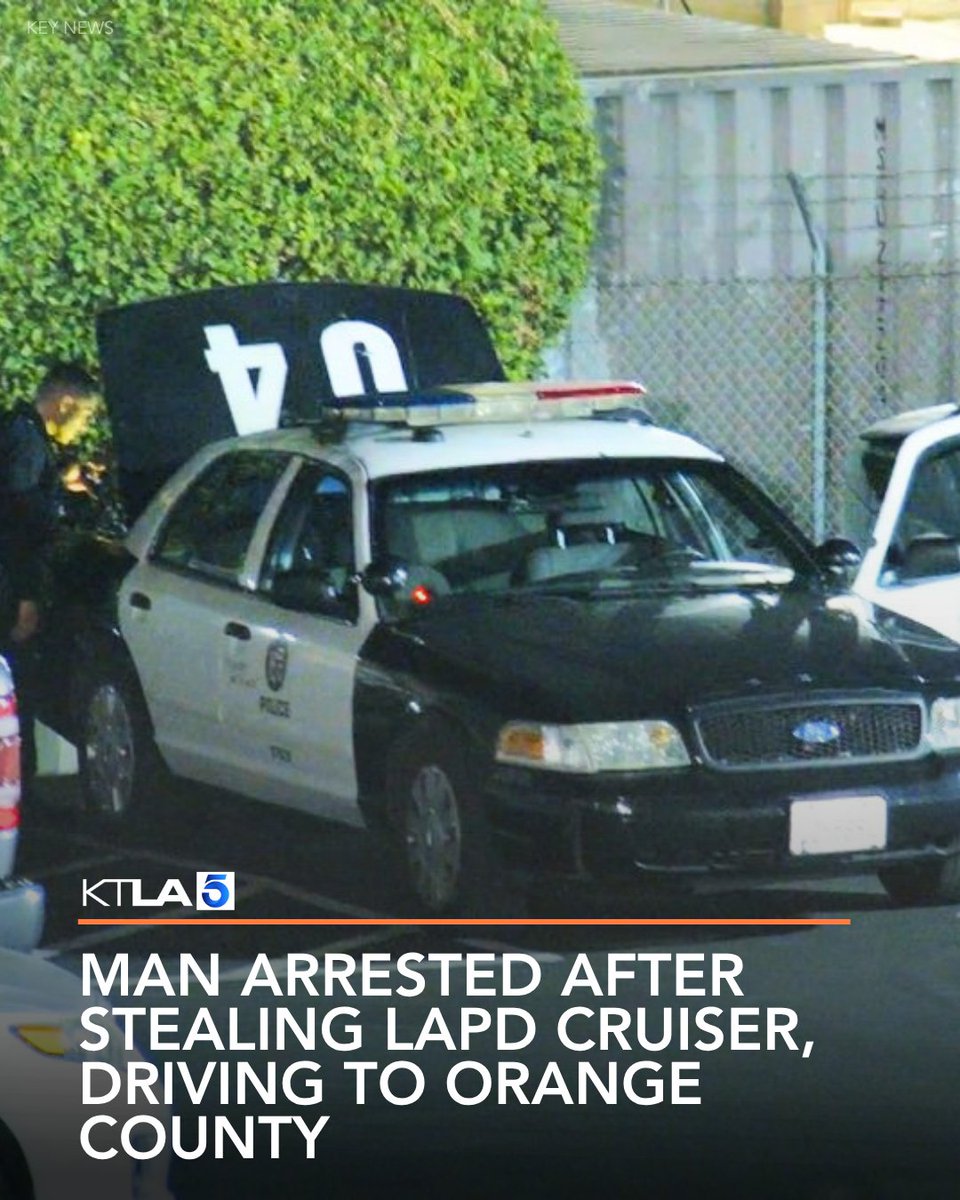 A man was arrested for stealing a Los Angeles Police Department cruiser parked near BMO Stadium and driving the vehicle to Orange County.