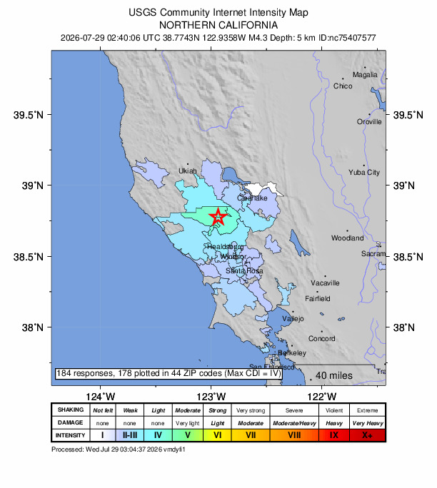 Magnitude 4.3 earthquake (preliminary) just struck ESE of Cloverdale