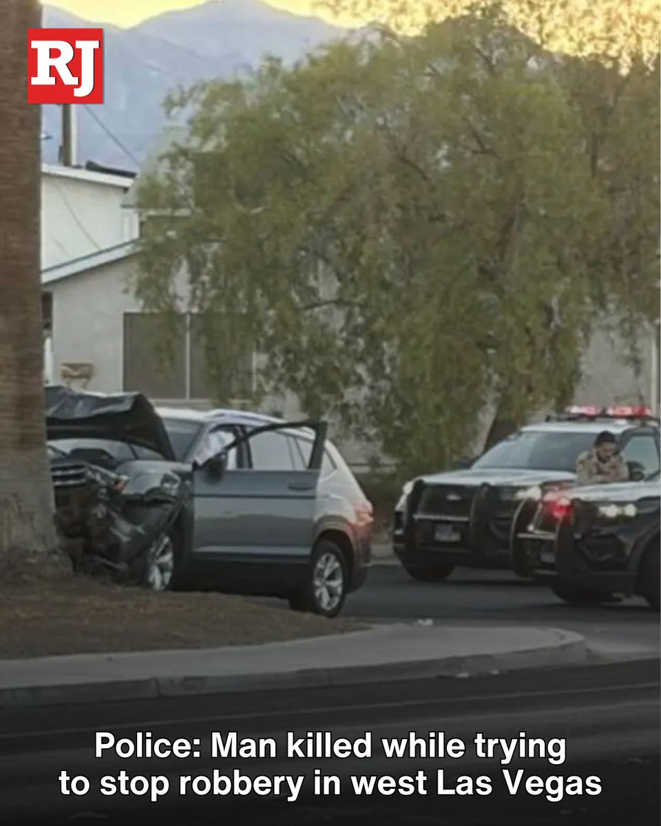 A man trying to stop a robbery died after being shot by the alleged robber and crashing into a palm tree in west Las Vegas, police said