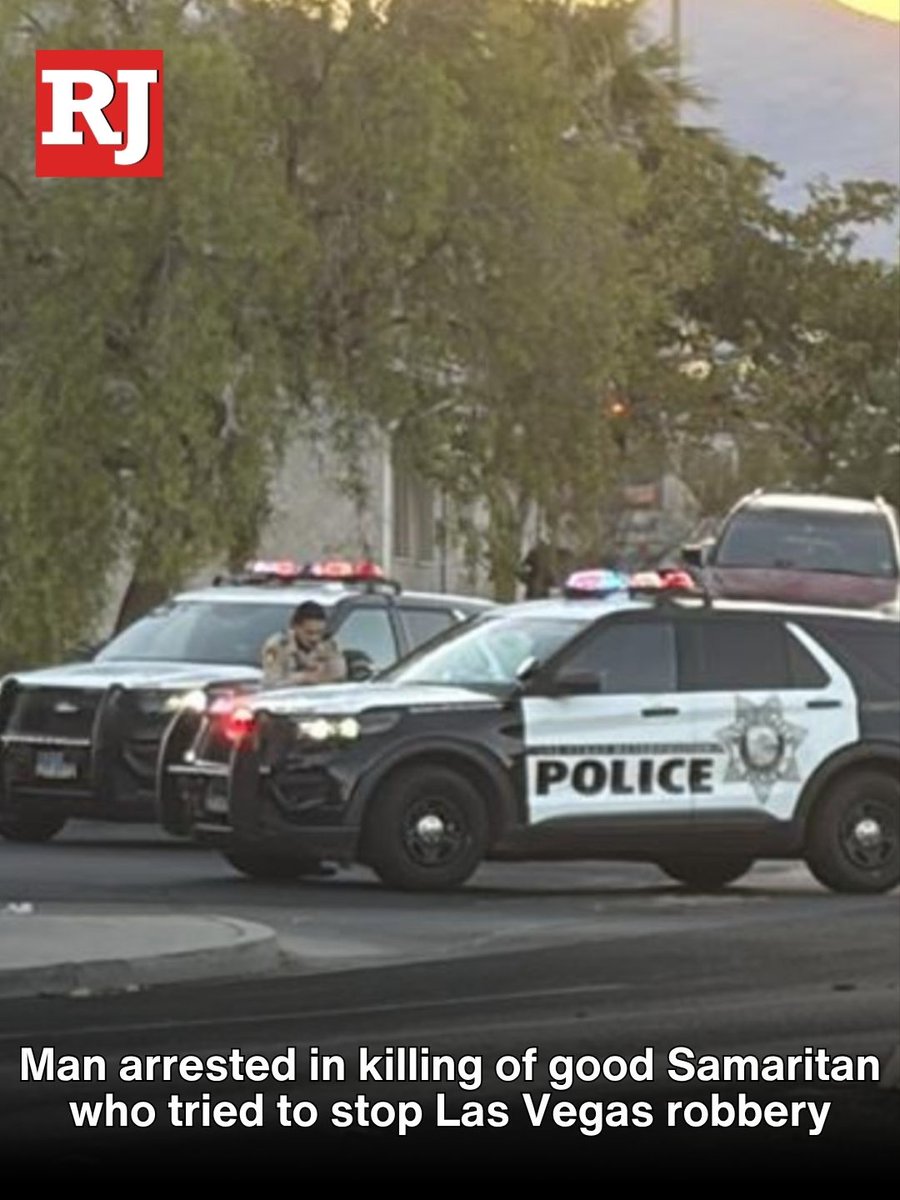 A 28-year-old man has been arrested in connection with the shooting of a good Samaritan who tried to stop a robbery Thursday night, according to Las Vegas police