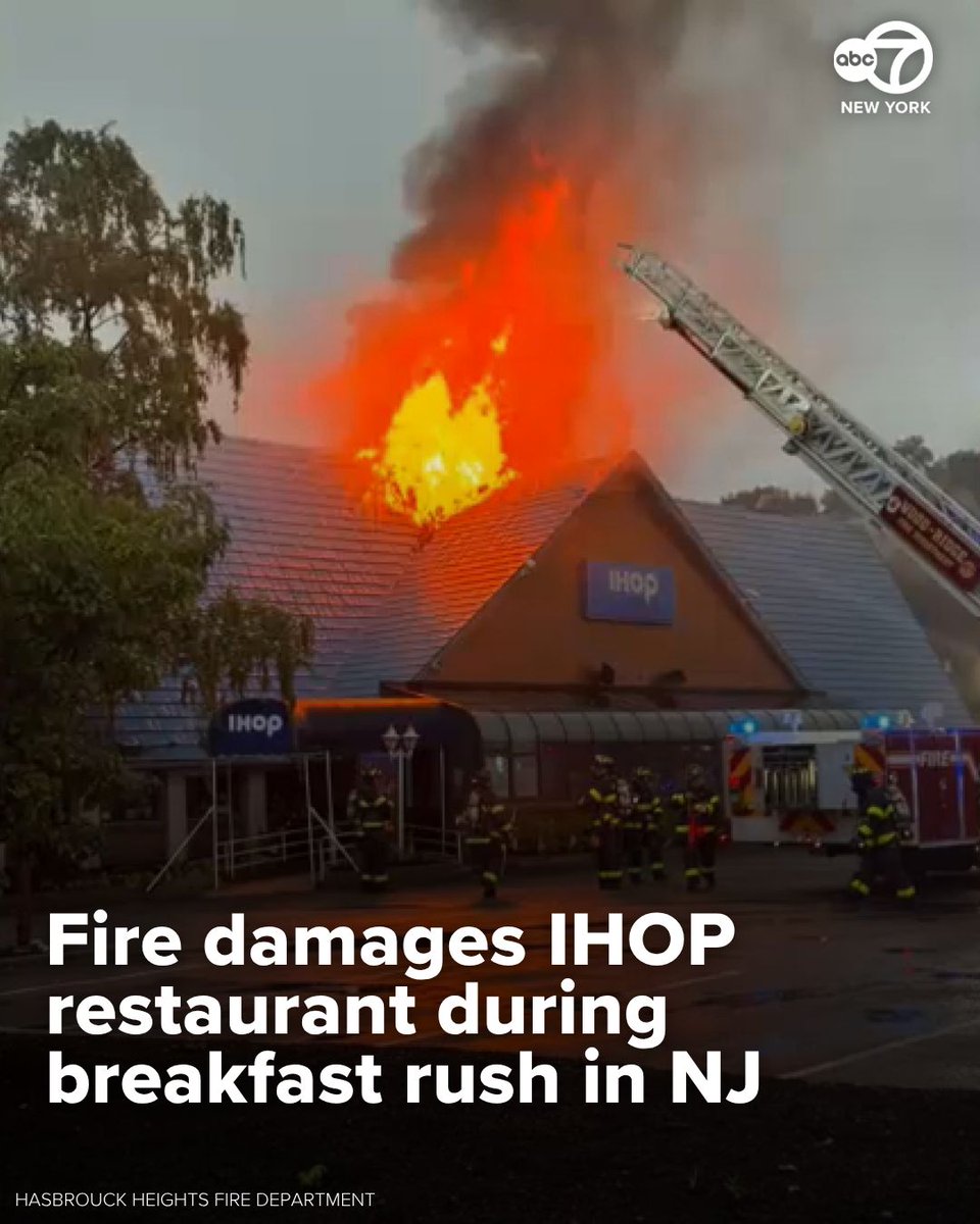 An IHOP caught fire during breakfast hours in Hasbrouck Heights, New Jersey, on Monday. The blaze escalated to three alarms, prompting a large emergency response and partial road closures, according to fire officials.