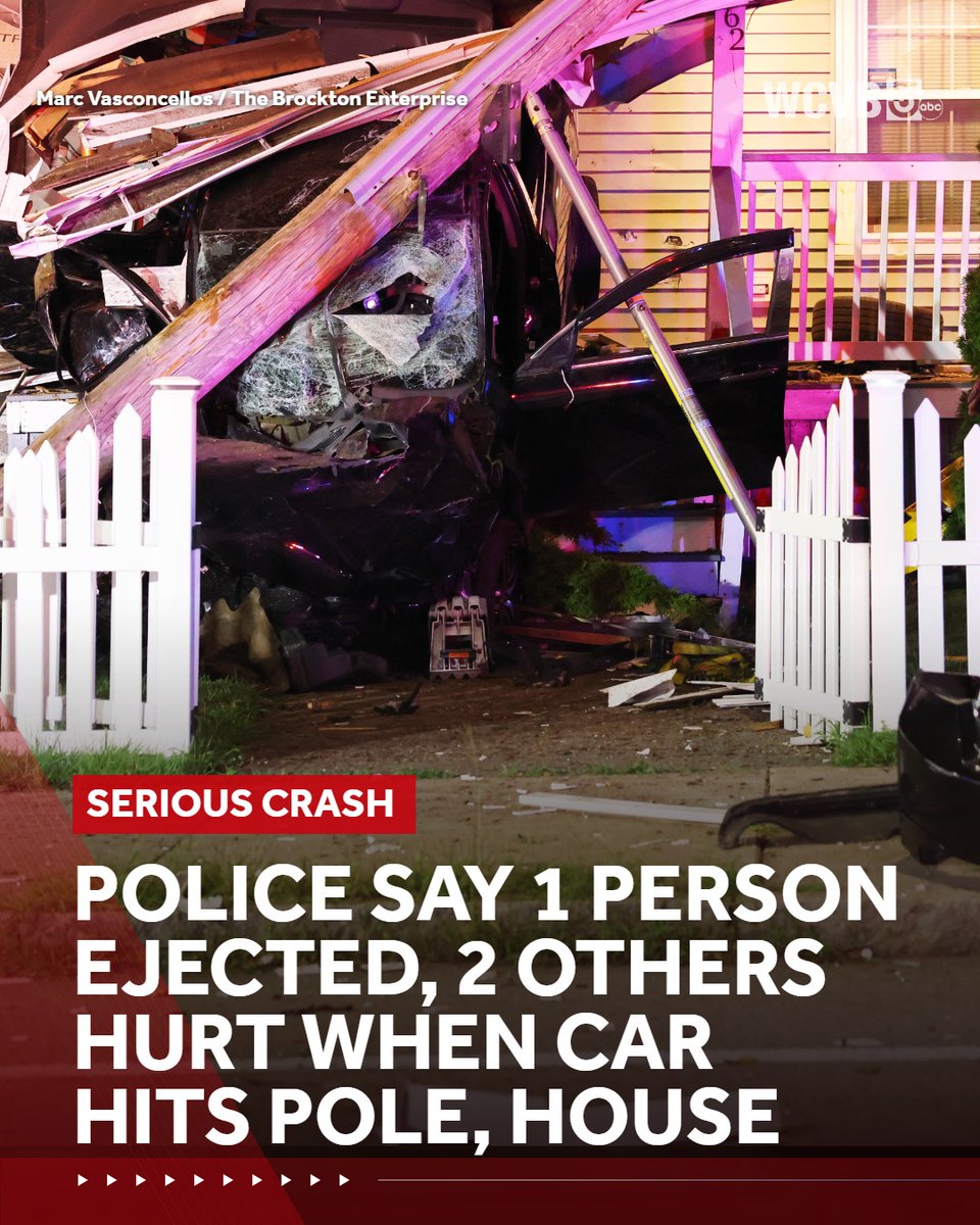 3 people were hospitalized, including 1 who was ejected, after a car struck a utility pole and crashed into a Brockton home early Saturday, police said