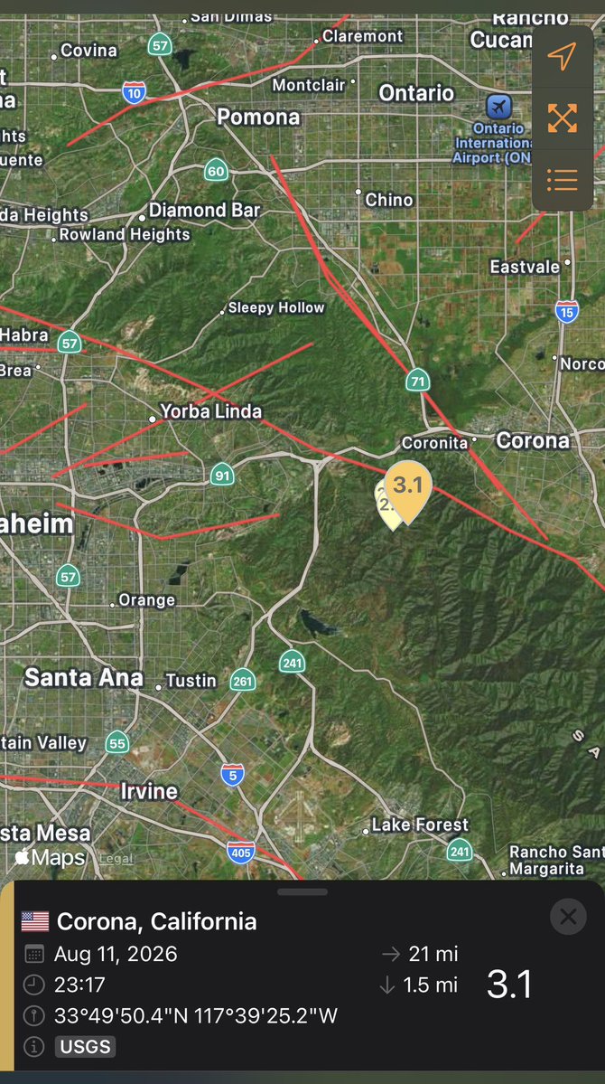 Corona / California A Magnitude 3.1 earthquake struck near Corona California just a few minutes ago