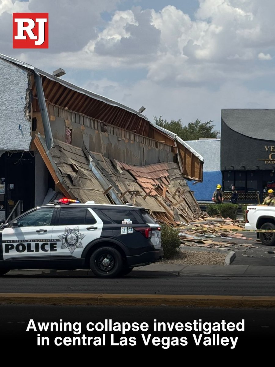 The front awning of a shopping mall in central Las Vegas collapsed on Wednesday, prompting a large response from police and firefighters. S: