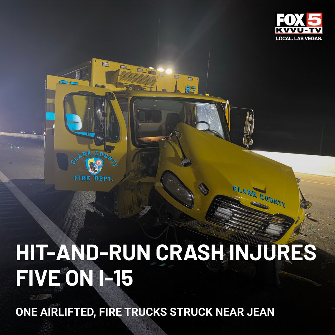 Five people were injured—including one airlifted by Life Flight—after a driver struck a Clark County Fire truck, an ambulance, and a sedan at an active crash scene on southbound I-15 near Jean early Friday morning
