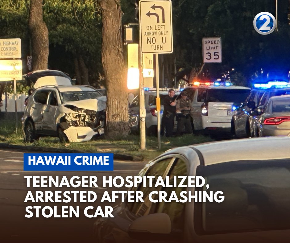 Teenager hospitalized, arrested after crashing stolen car into tree near Ala Moana