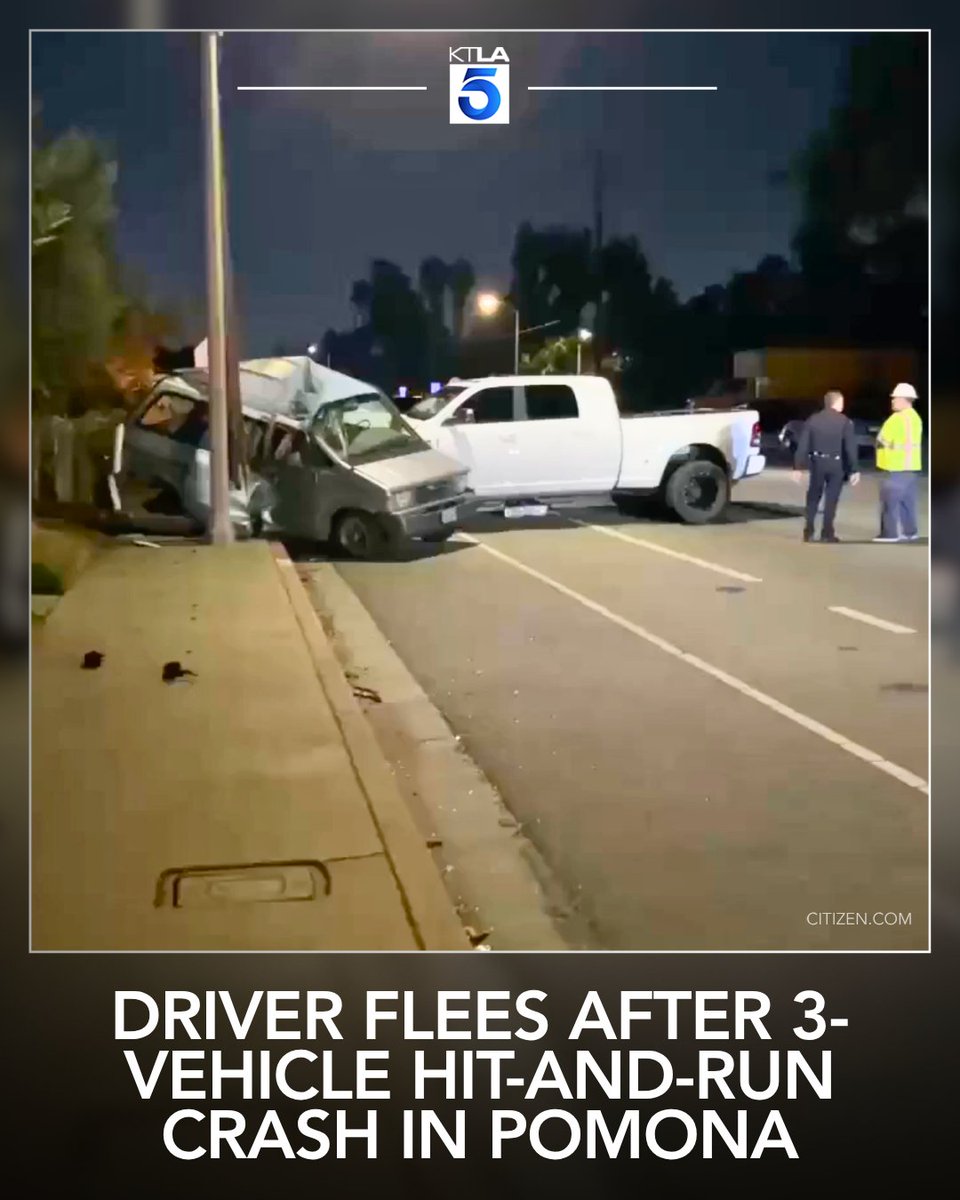 A driver remained at large Saturday morning after fleeing on foot from a three-vehicle hit-and-run crash in Pomona, police said
