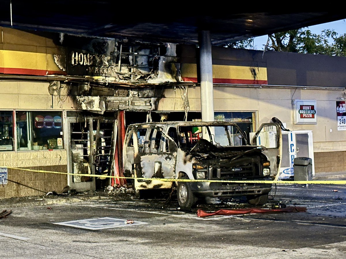 A van crashed into the front doors of a gas station market on Briarville Road in Madison early this morning. Police say someone was trying to steal the ATM when the vehicle caught fire. No one was hurt