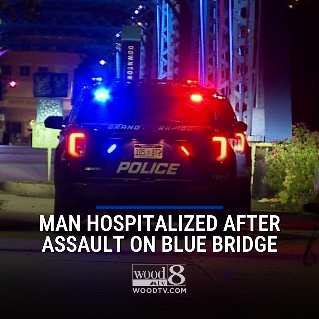 A man was hospitalized after being assaulted near the Blue Bridge early Tuesday morning, Grand Rapids police said