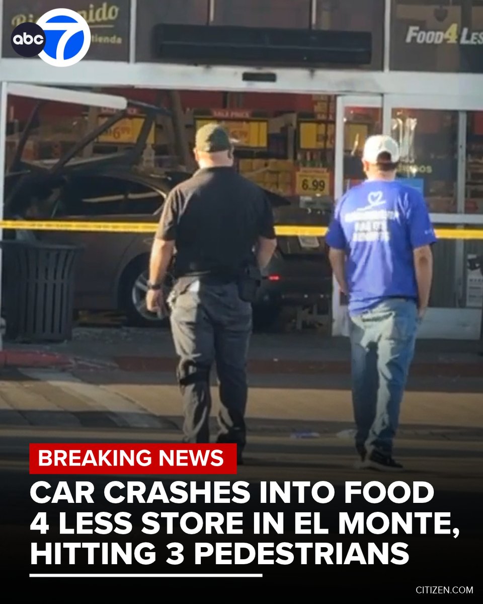 Three pedestrians were hit when a car crashed into a Food 4 Less store in El Monte Tuesday morning. At least one person was taken to the hospital in an unknown condition. El Monte police said the driver stayed at the scene and was cooperating