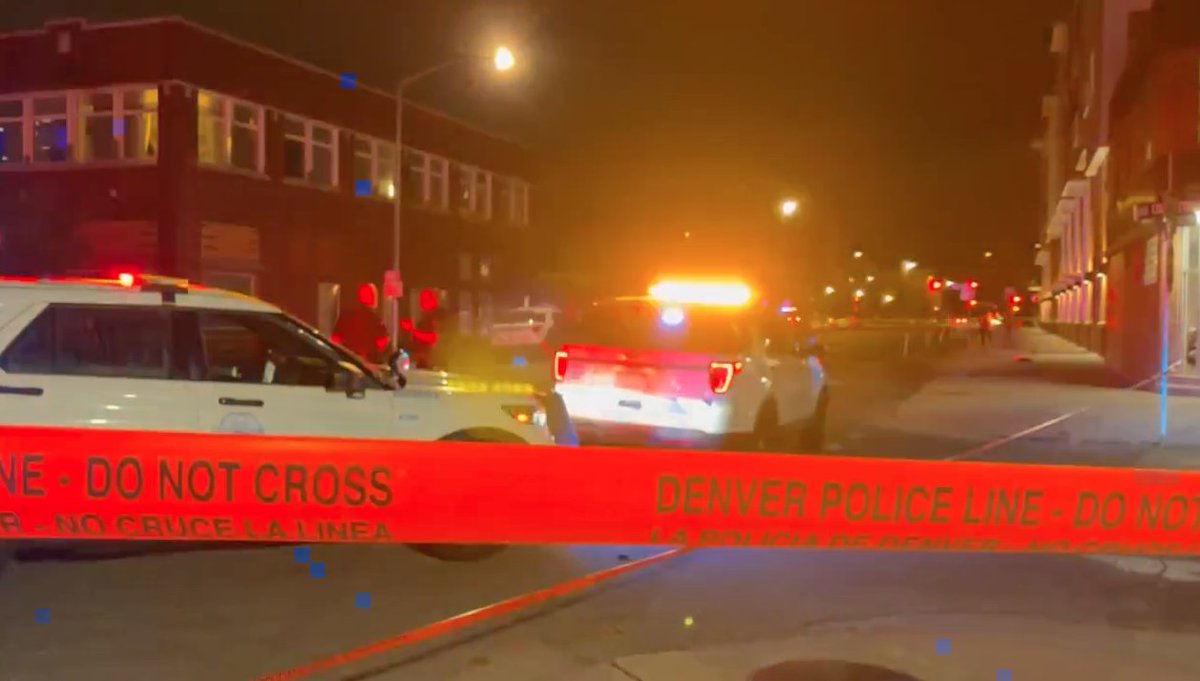 Scene along Stout Street where Denver Police say two people were injured during a shooting Thursday night. Police say the people have been taken to the hospital, suffering from what appeared to be non-life-threatening injuries.