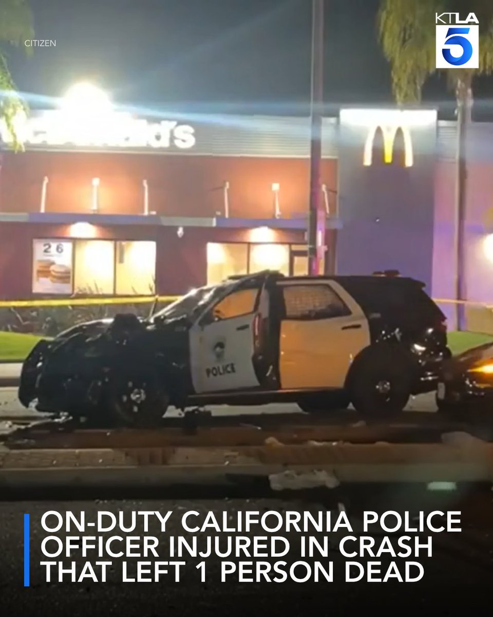 An on-duty Manhattan Beach Police Department officer was injured in a multi-vehicle crash that left another person dead on Friday night, according to authorities