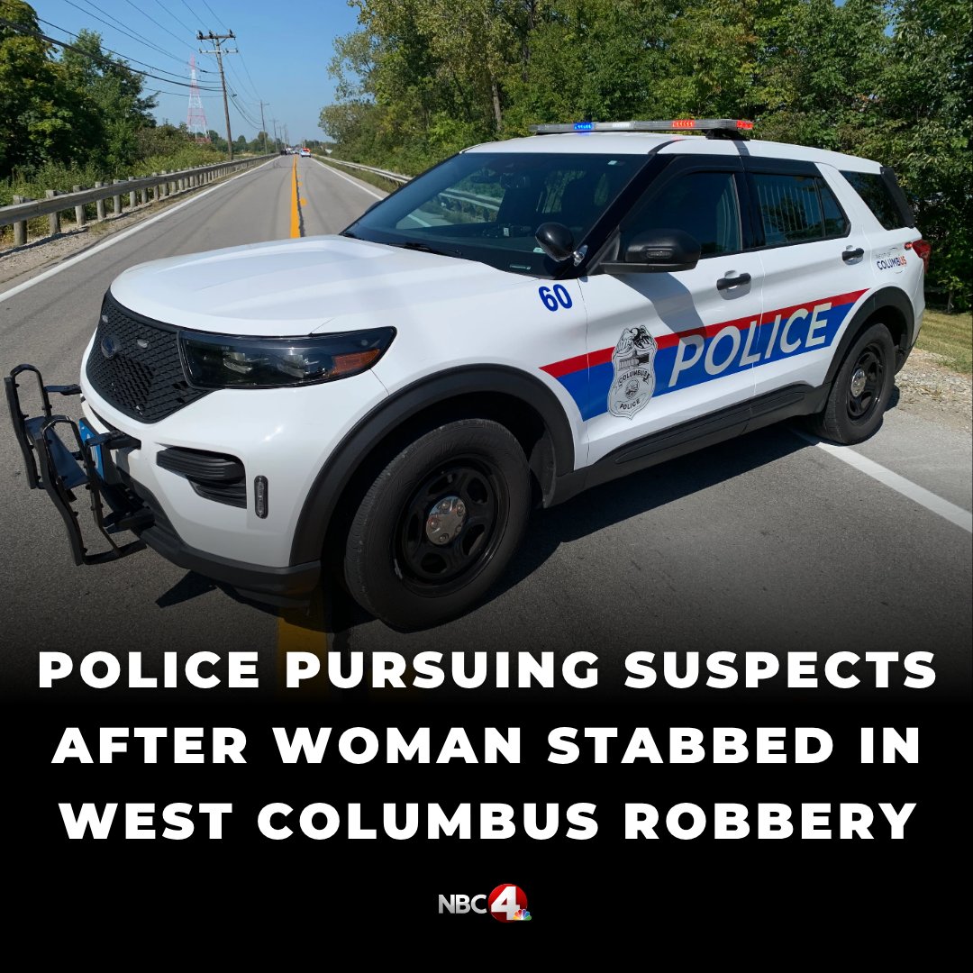 Police are searching for two suspects after a woman was stabbed during an alleged robbery in west Columbus